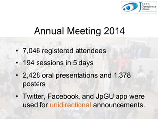 Annual Meeting 2014
• 7,046 registered attendees
• 194 sessions in 5 days
• 2,428 oral presentations and 1,378
posters
• Twitter, Facebook, and JpGU app were
used for unidirectional announcements.
 