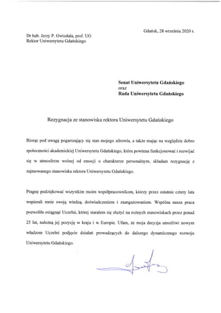 Rezygnacja ze stanowiska rektora Uniwersytetu Gdańskiego