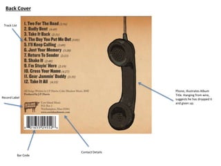 Phone, illustrates Album
Title. Hanging from wire,
suggests he has dropped it
and given up.
Track List
Bar Code
Record Label
Contact Details
Back Cover
 