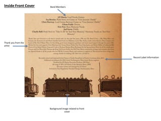 Band Members
Record Label Information
Thank you from the
artist
Inside Front Cover
Background image related to front
cover
 