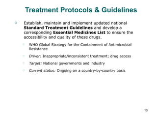 Treatment Protocols & Guidelines Establish, maintain and implement updated national  Standard Treatment Guidelines  and develop a corresponding  Essential Medicines List  to ensure the accessibility and quality of these drugs. WHO Global Strategy for the Containment of Antimicrobial Resistance Driver:  Inappropriate/inconsistent treatment; drug access Target:  National governments and industry Current status:  Ongoing on a country-by-country basis 