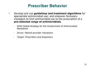 Prescriber Behavior Develop and use  guidelines and treatment algorithms  for appropriate antimicrobial use; and empower formulary managers to limit antimicrobial use to the prescription of a  pre-selected range of antimicrobials WHO Global Strategy for the Containment of Antimicrobial Resistance Driver:  Patient-provider interaction Target:  Prescribers and dispensers 
