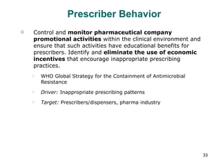 Prescriber Behavior Control and  monitor pharmaceutical company promotional activities  within the clinical environment and ensure that such activities have educational benefits for prescribers. Identify and  eliminate the use of economic incentives  that encourage inappropriate prescribing practices. WHO Global Strategy for the Containment of Antimicrobial Resistance Driver:  Inappropriate prescribing patterns Target:  Prescribers/dispensers, pharma industry 