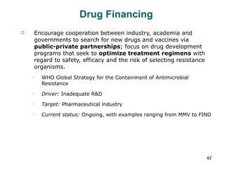 Drug Financing Encourage cooperation between industry, academia and governments to search for new drugs and vaccines via  public-private partnerships ; focus on drug development programs that seek to  optimize treatment regimens  with regard to safety, efficacy and the risk of selecting resistance organisms. WHO Global Strategy for the Containment of Antimicrobial Resistance Driver:  Inadequate R&D Target:  Pharmaceutical industry Current status:  Ongoing, with examples ranging from MMV to FIND 