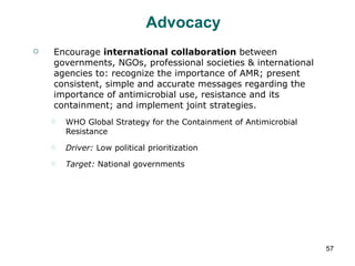 Advocacy Encourage  international collaboration  between governments, NGOs, professional societies & international agencies to: recognize the importance of AMR; present consistent, simple and accurate messages regarding the importance of antimicrobial use, resistance and its containment; and implement joint strategies. WHO Global Strategy for the Containment of Antimicrobial Resistance Driver:  Low political prioritization Target:  National governments 