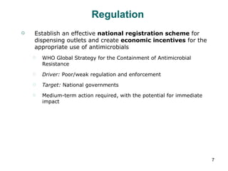 Regulation Establish an effective  national registration scheme  for dispensing outlets and create  economic incentives  for the appropriate use of antimicrobials WHO Global Strategy for the Containment of Antimicrobial Resistance Driver:  Poor/weak regulation and enforcement Target:  National governments Medium-term action required, with the potential for immediate impact 