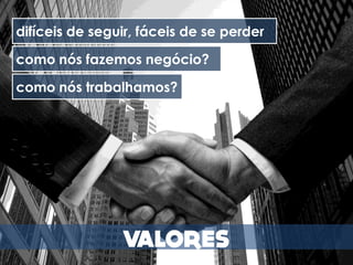 difíceis de seguir, fáceis de se perder

como nós fazemos negócio?

como nós trabalhamos?
 