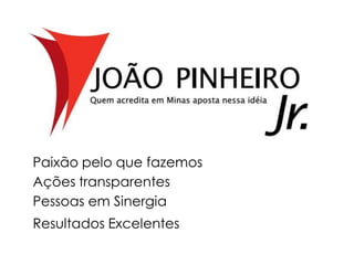Paixão pelo que fazemos
Ações transparentes
Pessoas em Sinergia
Resultados Excelentes
 