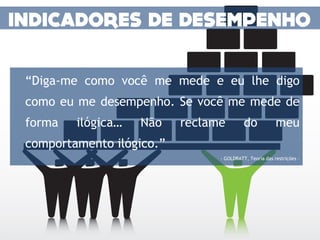 “Diga-me como você me mede e eu lhe digo
como eu me desempenho. Se você me mede de
forma   ilógica…   Não    reclame         do            meu
comportamento ilógico.”
                                - GOLDRATT, Teoria das restrições -
 