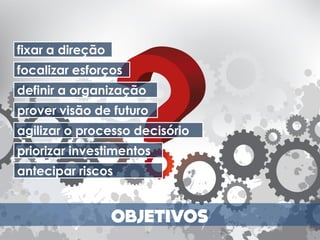 fixar a direção
focalizar esforços
definir a organização
prover visão de futuro
agilizar o processo decisório
priorizar investimentos
antecipar riscos
 