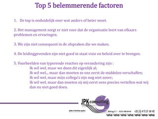 1. De top is onduidelijk over wat anders of beter moet.
2. Het management zorgt er niet voor dat de organisatie leert van elkaars
problemen en ervaringen.
3. We zijn niet consequent in de afspraken die we maken.
4. De leidinggevenden zijn niet goed in staat visie en beleid over te brengen.
5. Voorbeelden van typerende reacties op verandering zijn :
Ik wil wel, maar we doen dit eigenlijk al;
Ik wil wel.., maar dan moeten ze ons eerst de middelen verschaffen;
Ik wil wel, maar mijn collega’s zijn nog niet zover;
Ik wil wel, maar dan moeten zij mij eerst eens precies vertellen wat wij
dan nu niet goed doen.
Top 5 belemmerende factoren
 