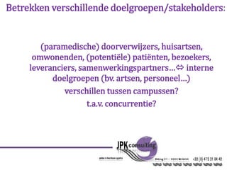 Betrekken verschillende doelgroepen/stakeholders:
(paramedische) doorverwijzers, huisartsen,
omwonenden, (potentiële) patiënten, bezoekers,
leveranciers, samenwerkingspartners… interne
doelgroepen (bv. artsen, personeel…)
verschillen tussen campussen?
t.a.v. concurrentie?
 