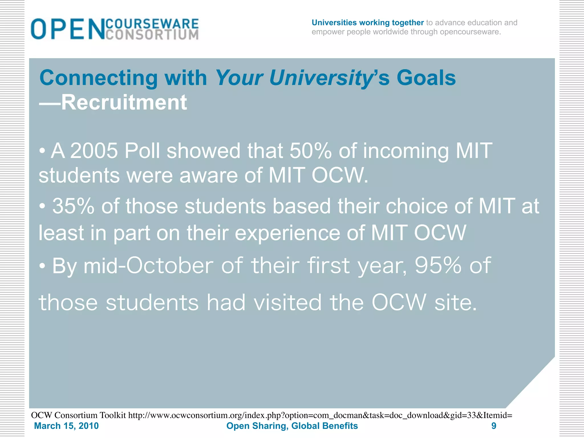 Universities working together to advance education and
                                                                 empower people worldwide through opencourseware.




 Connecting with Your University’s Goals
 —Recruitment

 • A 2005 Poll showed that 50% of incoming MIT
 students were aware of MIT OCW.
 • 35% of those students based their choice of MIT at
 least in part on their experience of MIT OCW
 • By mid




OCW Consortium Toolkit http://www.ocwconsortium.org/index.php?option=com_docman&task=doc_download&gid=33&Itemid=
March 15, 2010                                 Open Sharing, Global Benefits                                9
 