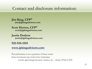 Contact and disclosure information:

Jim King, CFP®
    jim@jpkingadvisors.com

Scott Horton, CFP®
    scott@jpkingadvisors.com

Justin Dodson
    justin@jpkingadvisors.com

925-935-1555
www.jpkingadvisors.com

Past performance is not a guarantee of future results
Some investments may result in loss of principal
        Securities offered through Investment Architects, Inc. – Member FINRA/SIPC

                                                                                     12
 