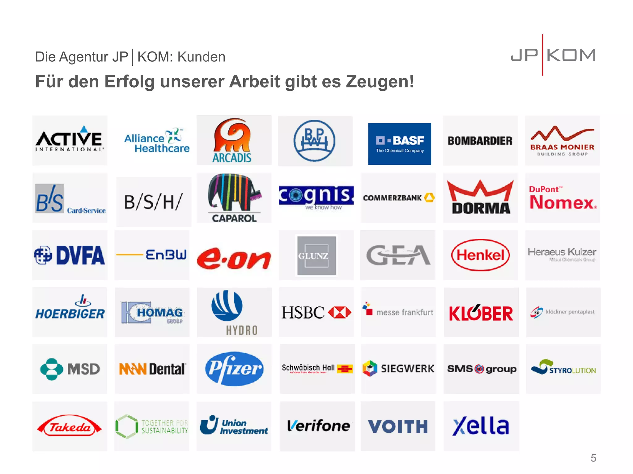 Die Agentur JP│KOM: Kunden
Für den Erfolg unserer Arbeit gibt es Zeugen!
5
 