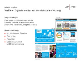 Aufgabe/Projekt
Konzeption und Umsetzung digitaler
Formate für die B2B-Kommunikation
(interaktive Newsletter, Infografiken etc.)
Unsere Leistung
 Konzeption und Storyline
 Recherche
 Redaktion
 Gestaltung, Layout
und Programmierung
Arbeitsbeispiele
Verifone: Digitale Medien zur Vertriebsunterstützung
29
Infografik
Newsletter
 