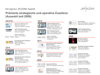 LACP Spotlight Awards
Silber in der Kategorie „Web/
E-Mail: Newsletter/Magazine“
inkom. Grand Prix
Silber in der Kategorie
„E-Magazine“
Die Agentur JP│KOM: Awards
Prämierte strategische und operative Exzellenz
(Auswahl seit 2008)
2009
Deutscher PR-Preis
Gold in der Kategorie „Sponsoring“
Deutscher Preis für
Wirtschaftskommunikation
Sieg in der Kategorie „Beste Public
Relations Kommunikation“
2008
PR Report Awards
Sieg in der Kategorie
„Issue Management“
European Excellence Awards
Sieg in der Kategorie
„Controlling/Evaluation“
Deutscher PR-Preis
Shortlist in der Kategorie
„Wertschöpfung durch
Kommunikation“
Deutscher PR-Preis
Shortlist in der Kategorie
„Change Kommunikation“
Deutscher PR-Preis
Shortlist in der Kategorie
„Interne Kommunikation/
Mitarbeiterkommunikation“
2010
International Business Awards
Distinguished Honoree in der
Kategorie „Food & Beverage“
2011
International Public Relations
Network Award
Sieg in der Kategorie „B2B
Kommunikation“ und Gesamt-
sieger „Project of the Year“
2015/16
Deutscher PR-Preis 2015
Sieg in der Kategorie
„Veränderungskommunikation”
LACP Spotlight Awards
Silber in der Kategorie „Digital
Newsletter/Magazin”
inkom. Grand Prix
Silber in der Kategorie
„Online“
International Public Relations
Network Award
Sieg in der Kategorie
„Corporate“
2014
LACP Spotlight Awards
Gold in der Kategorie „Print:
Other“, Top 100 Communications
Materials of 2014
International Public Relations
Network Award
Sieg in der Kategorie „B2B
Kommunikation“ (gemeinsam
mit The McOnie Agency)
2013
LACP Spotlight Awards
Gold in der Kategorie „Print:
Brochure“, Top 100 Comm.
Materials of 2013
2012
LACP Spotlight Awards
Platin in der Kategorie „Print:
Guide/Toolkit“, Gold in der
Kategorie „Most Creative“, Top
100 Comm. Materials of 2012
Econ Awards
Sieg in der Kategorie „Strategische
Unternehmenskommunikation“
LACP Spotlight Awards
Gold in der Kategorie „Best
Presentation/Speech“
 