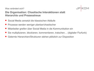 Was verändert sich?
 Social Media zersetzt die klassischen Abläufe
 Prozesse werden weniger planbar/chaotischer
 Mitarbeiter greifen über Social Media in die Kommunikation ein
 Sie multiplizieren, blockieren, kommentieren, tratschen… (digitaler Flurfunk)
 Gelernte Hierarchien/Strukturen stehen plötzlich zur Disposition
Die Organisation: Chaotische Interaktionen statt
Hierarchie und Prozesstreue
 