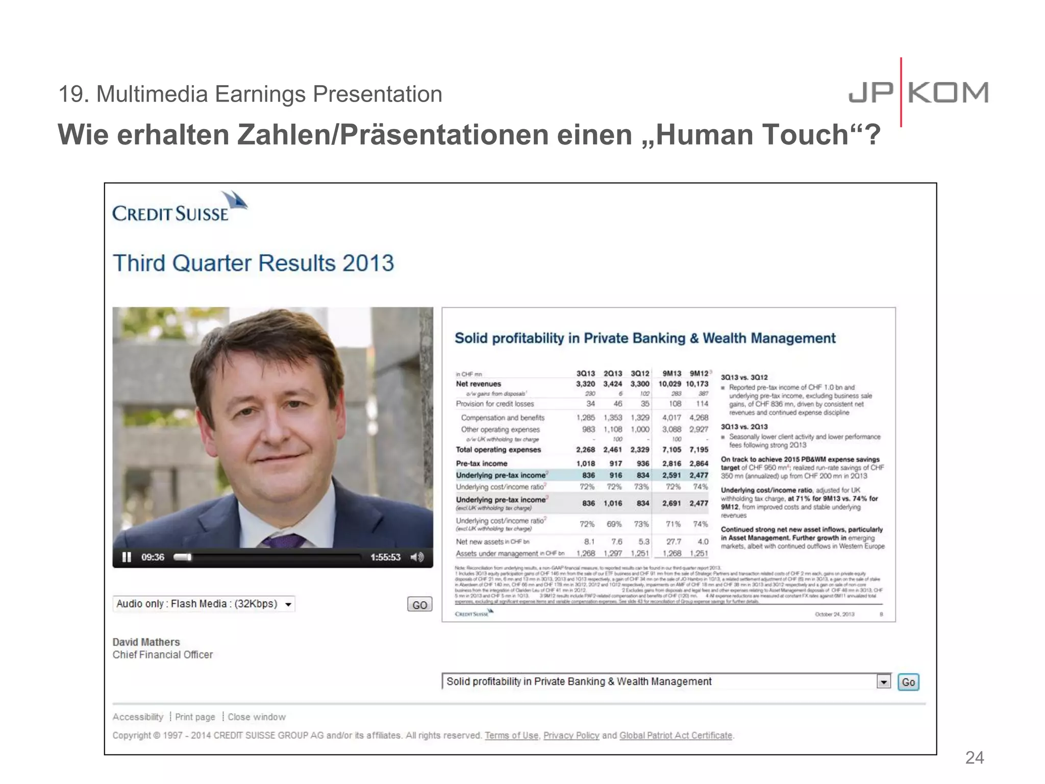 19. Multimedia Earnings Presentation
Wie erhalten Zahlen/Präsentationen einen „Human Touch“?
24
 