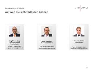 Ihre Ansprechpartner
Auf wen Sie sich verlassen können
35
Jörg Pfannenberg
Geschäftsführender
Gesellschafter
Tel. +49 211-687835-12
joerg.pfannenberg@jp-kom.de
Oliver Chaudhuri
Stv. Geschäftsführer
Tel. +49 211-687835-40
oliver.chaudhuri@jp-kom.de
Alexander Böhm
Juniorberater
Tel. +49 69-921019-49
alexander.boehm@jp-kom.de
 