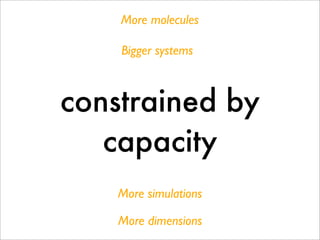More molecules

    Bigger systems



constrained by
   capacity
    More simulations

    More dimensions
 