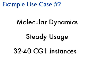 Example Use Case #2

    Molecular Dynamics

       Steady Usage

   32-40 CG1 instances
 