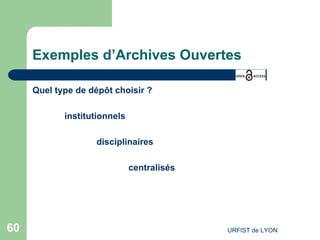 Exemples d’Archives Ouvertes Quel type de dépôt choisir ? institutionnels disciplinaires centralisés  