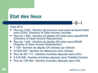 Etat des lieux mars 2010 Plus de 4 820 : Nombre de journaux avec peer-reviewed listés dans DOAJ  Directory of Open Access  Journals   Plus de 1 500 : Nombre de dépôts OA listés dans  openDOAR   (Directory of Open Access Repositories)  Plus de 1 645 : Nombre de dépôts OA listés dans  ROAR  (Registry of Open Access Repositories) 1 139 : Nombre de dépôts OA indexés par  OAIster 23 000 000 : Nombre de références dans  OAIster Plus de 591 771   : Nombre d’articles déposés dans  arXiv 5 616 906 : Nombre d’articles déposés dans  PubMed  Central Plus de 138 000 : Nombre d’articles déposés dans HAL 