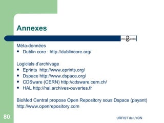 Annexes Méta-données Dublin core :  http://dublincore.org/ Logiciels d’archivage Eprints  http://www.eprints.org/   Dspace  http://www.dspace.org/ CDSware (CERN)  http://cdsware.cern.ch/ HAL  http://hal.archives-ouvertes.fr   BioMed Central propose Open Repository sous Dspace (payant) http://www.openrepository.com 