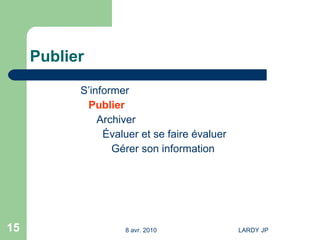 Publier S’informer Publier Archiver   Évaluer et se faire évaluer   Gérer son information 