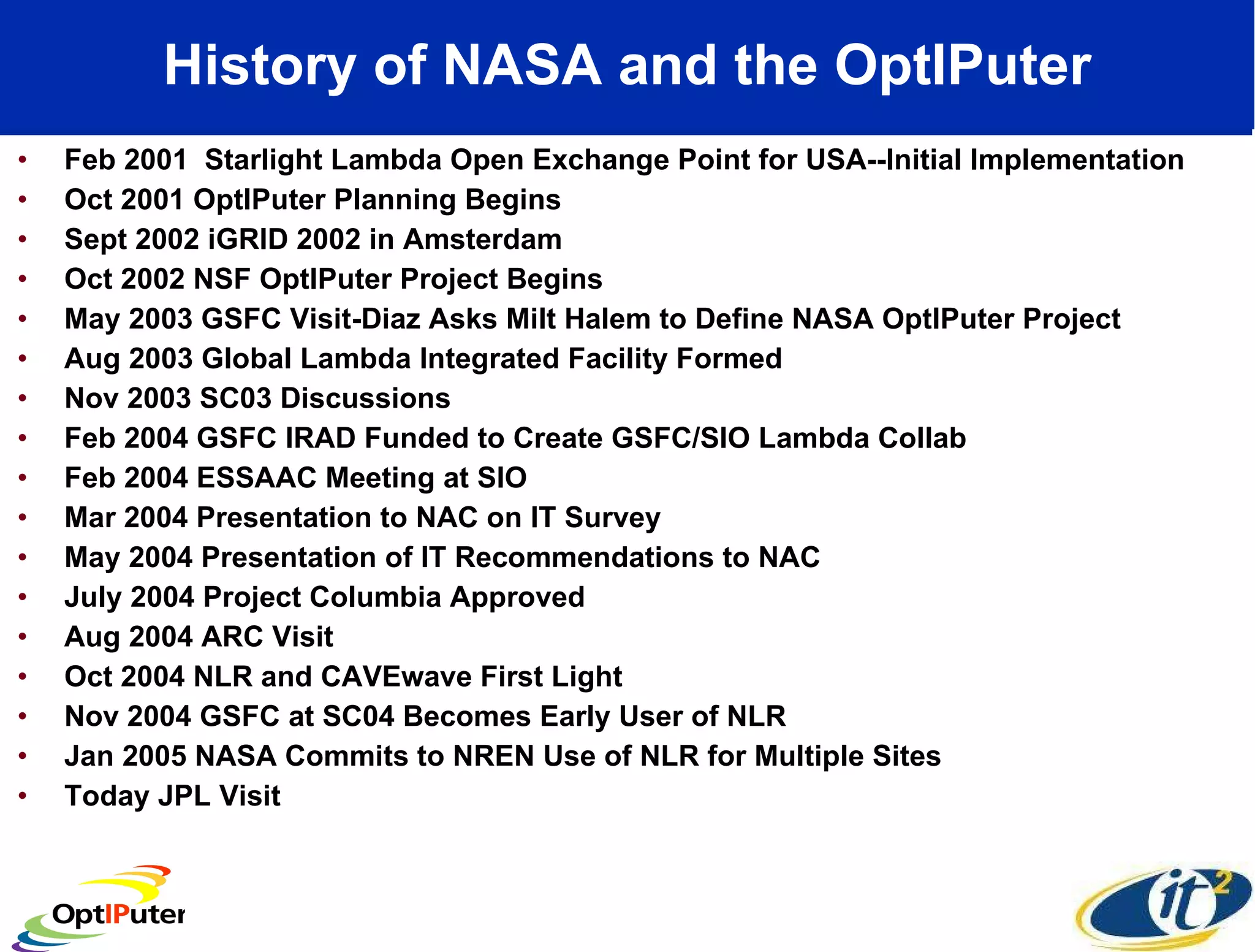 History of NASA and the OptIPuter Feb 2001  Starlight Lambda Open Exchange Point for USA--Initial Implementation Oct 2001 OptIPuter Planning Begins Sept 2002 iGRID 2002 in Amsterdam Oct 2002 NSF OptIPuter Project Begins May 2003 GSFC Visit-Diaz Asks Milt Halem to Define NASA OptIPuter Project Aug 2003 Global Lambda Integrated Facility Formed Nov 2003 SC03 Discussions Feb 2004 GSFC IRAD Funded to Create GSFC/SIO Lambda Collab Feb 2004 ESSAAC Meeting at SIO Mar 2004 Presentation to NAC on IT Survey May 2004 Presentation of IT Recommendations to NAC July 2004 Project Columbia Approved Aug 2004 ARC Visit Oct 2004 NLR and CAVEwave First Light Nov 2004 GSFC at SC04 Becomes Early User of NLR Jan 2005 NASA Commits to NREN Use of NLR for Multiple Sites Today JPL Visit 