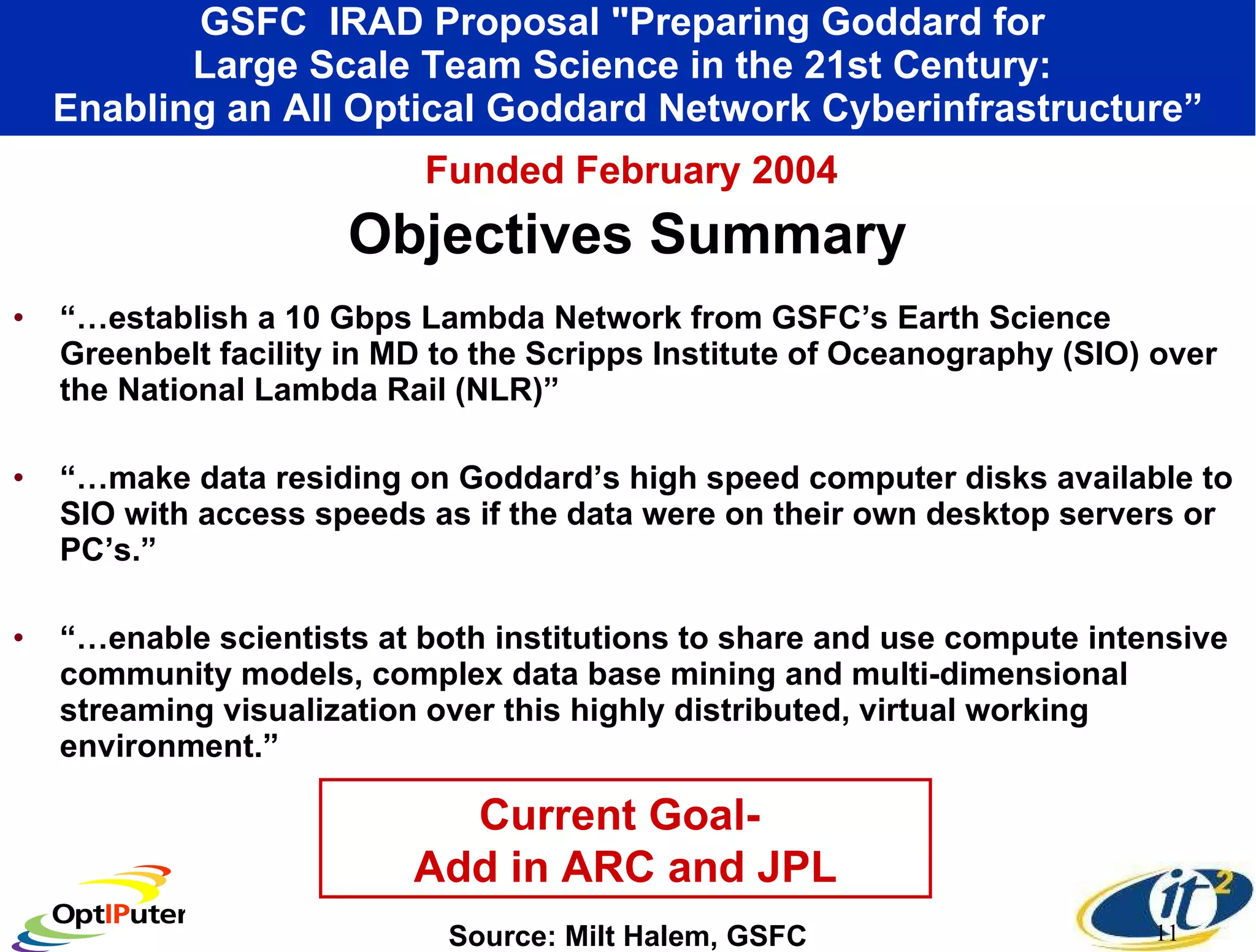 GSFC  IRAD Proposal &quot;Preparing Goddard for  Large Scale Team Science in the 21st Century:  Enabling an All Optical Goddard Network Cyberinfrastructure” “… establish a 10 Gbps Lambda Network from GSFC’s Earth Science Greenbelt facility in MD to the Scripps Institute of Oceanography (SIO) over the National Lambda Rail (NLR)” “… make data residing on Goddard’s high speed computer disks available to SIO with access speeds as if the data were on their own desktop servers or PC’s.” “… enable scientists at both institutions to share and use compute intensive community models, complex data base mining and multi-dimensional streaming visualization over this highly distributed, virtual working environment.”  Source: Milt Halem, GSFC Objectives Summary Funded February 2004  Current Goal-  Add in ARC and JPL 
