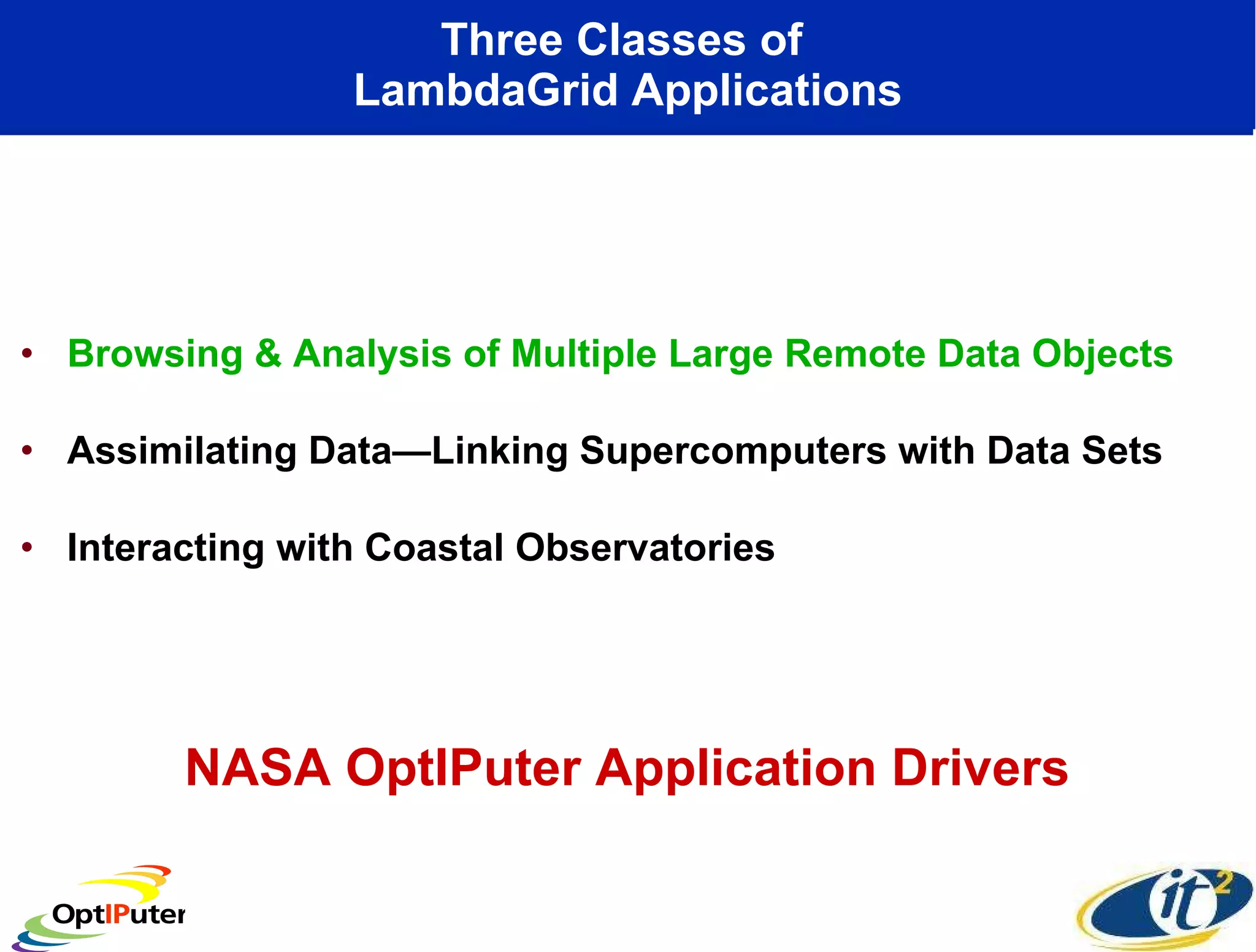Three Classes of  LambdaGrid Applications Browsing & Analysis of Multiple Large Remote Data Objects Assimilating Data—Linking Supercomputers with Data Sets Interacting with Coastal Observatories NASA OptIPuter Application Drivers 