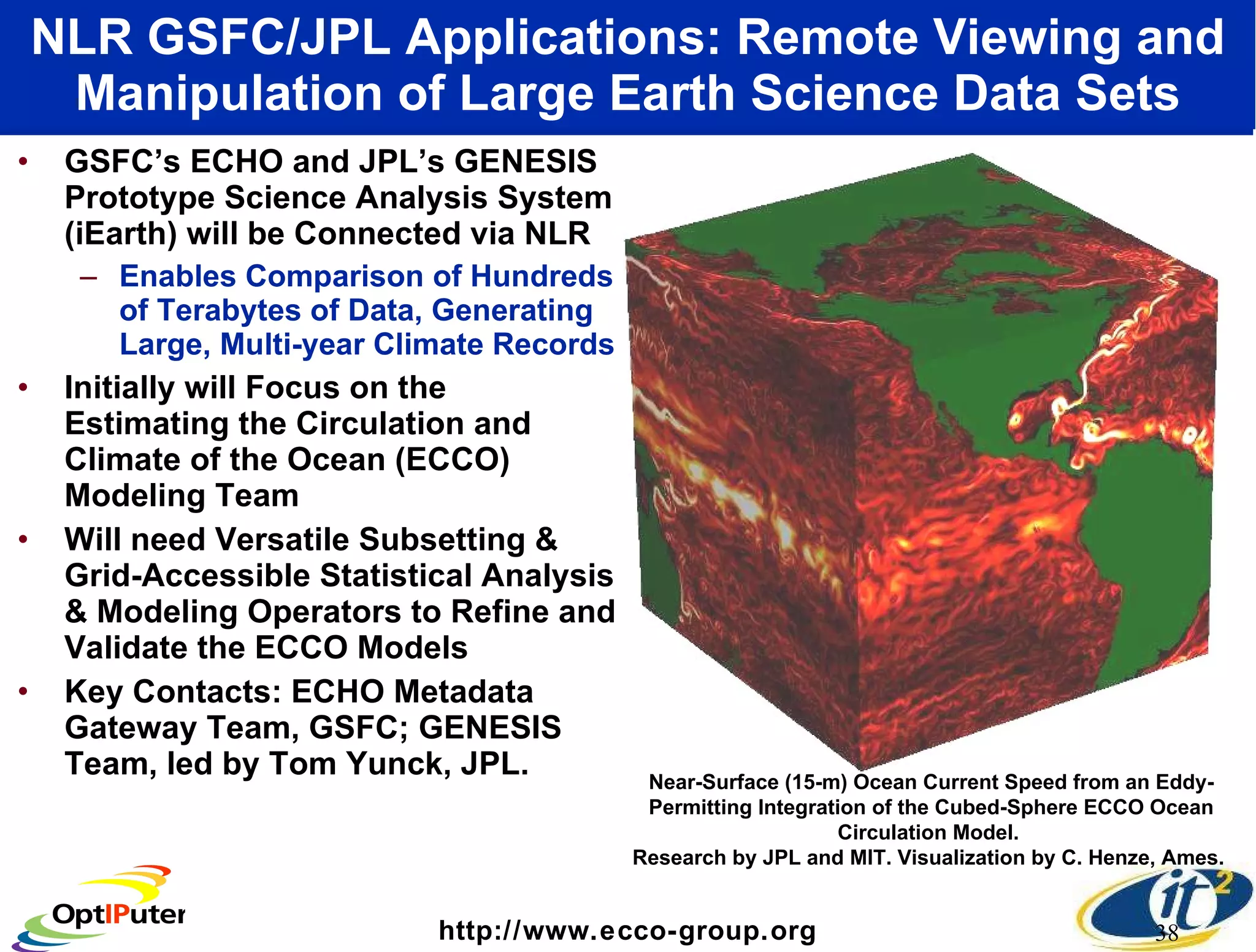 NLR GSFC/JPL Applications: Remote Viewing and Manipulation of Large Earth Science Data Sets GSFC’s ECHO and JPL’s GENESIS Prototype Science Analysis System (iEarth) will be Connected via NLR Enables Comparison of Hundreds of Terabytes of Data, Generating Large, Multi-year Climate Records Initially will Focus on the Estimating the Circulation and Climate of the Ocean (ECCO) Modeling Team Will need Versatile Subsetting & Grid-Accessible Statistical Analysis & Modeling Operators to Refine and Validate the ECCO Models Key Contacts: ECHO Metadata Gateway Team, GSFC; GENESIS Team, led by Tom Yunck, JPL. http://www.ecco-group.org Near-Surface (15-m) Ocean Current Speed from an Eddy-Permitting Integration of the Cubed-Sphere ECCO Ocean Circulation Model.  Research by JPL and MIT. Visualization by C. Henze, Ames.  
