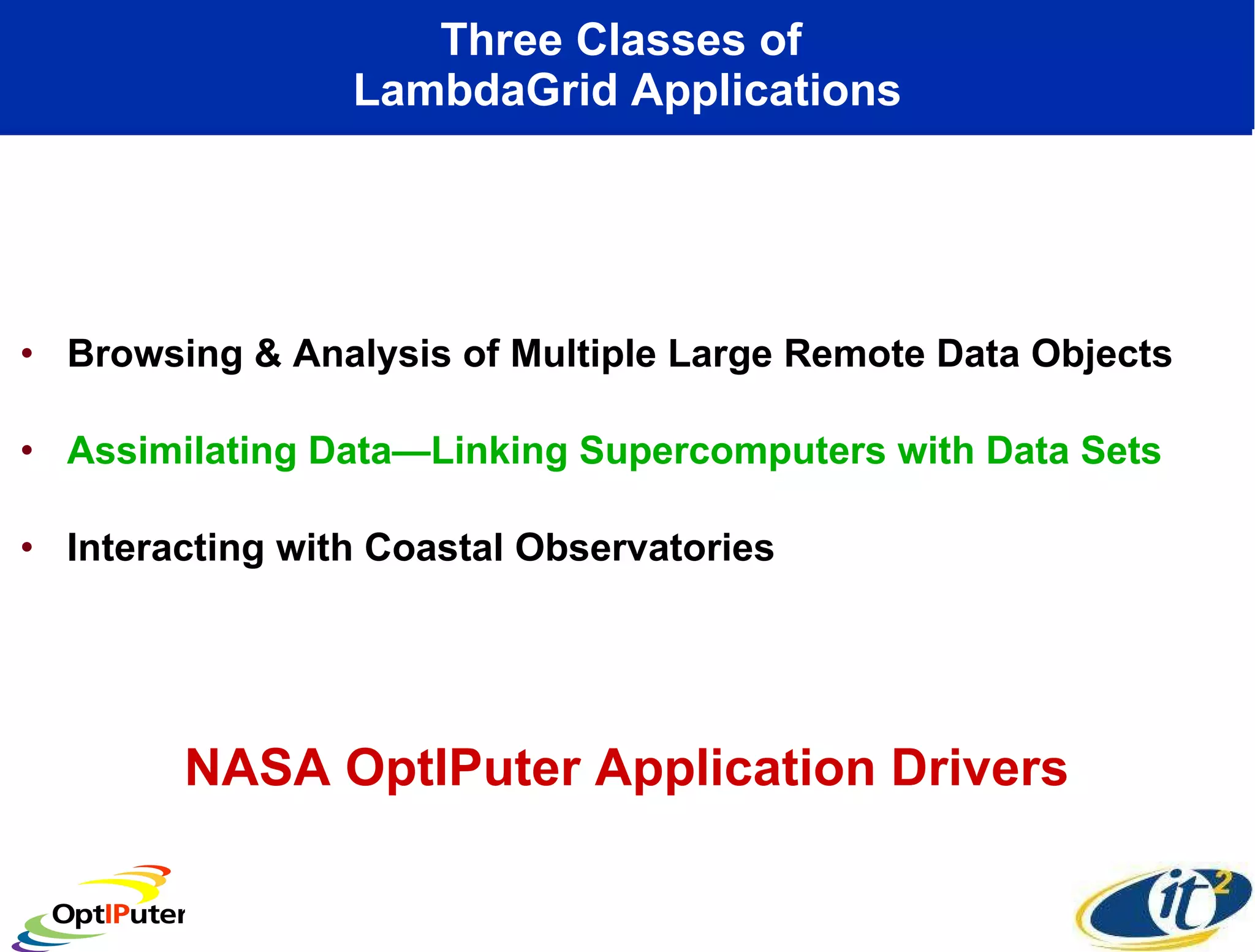 Three Classes of  LambdaGrid Applications Browsing & Analysis of Multiple Large Remote Data Objects Assimilating Data—Linking Supercomputers with Data Sets Interacting with Coastal Observatories NASA OptIPuter Application Drivers 