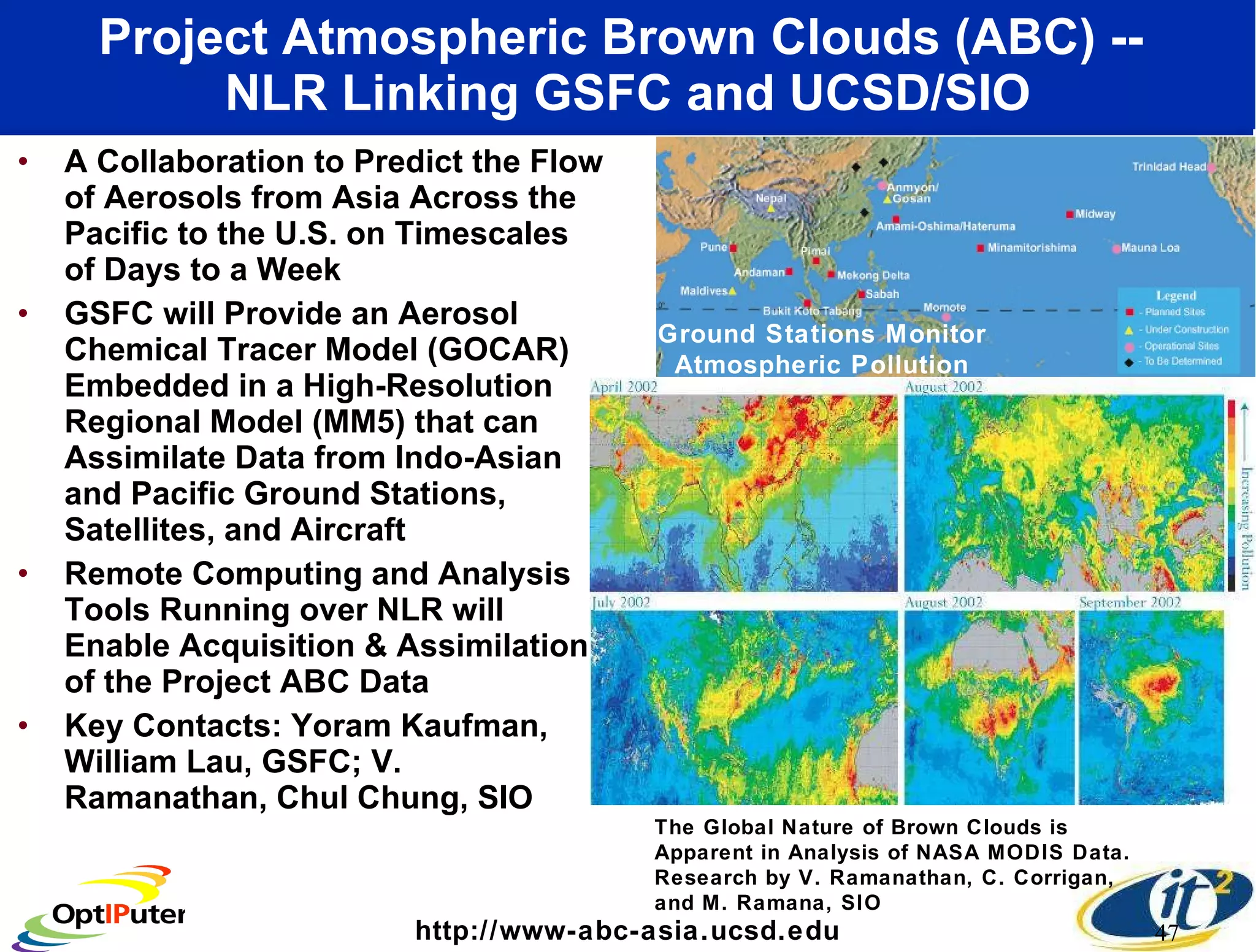 Project Atmospheric Brown Clouds (ABC) --  NLR Linking GSFC and UCSD/SIO A Collaboration to Predict the Flow of Aerosols from Asia Across the Pacific to the U.S. on Timescales of Days to a Week GSFC will Provide an Aerosol Chemical Tracer Model (GOCAR) Embedded in a High-Resolution Regional Model (MM5) that can Assimilate Data from Indo-Asian and Pacific Ground Stations, Satellites, and Aircraft Remote Computing and Analysis Tools Running over NLR will Enable Acquisition & Assimilation of the Project ABC Data Key Contacts: Yoram Kaufman, William Lau, GSFC; V. Ramanathan, Chul Chung, SIO http://www-abc-asia.ucsd.edu The Global Nature of Brown Clouds is Apparent in Analysis of NASA MODIS Data. Research by V. Ramanathan, C. Corrigan, and M. Ramana, SIO Ground Stations Monitor Atmospheric Pollution 