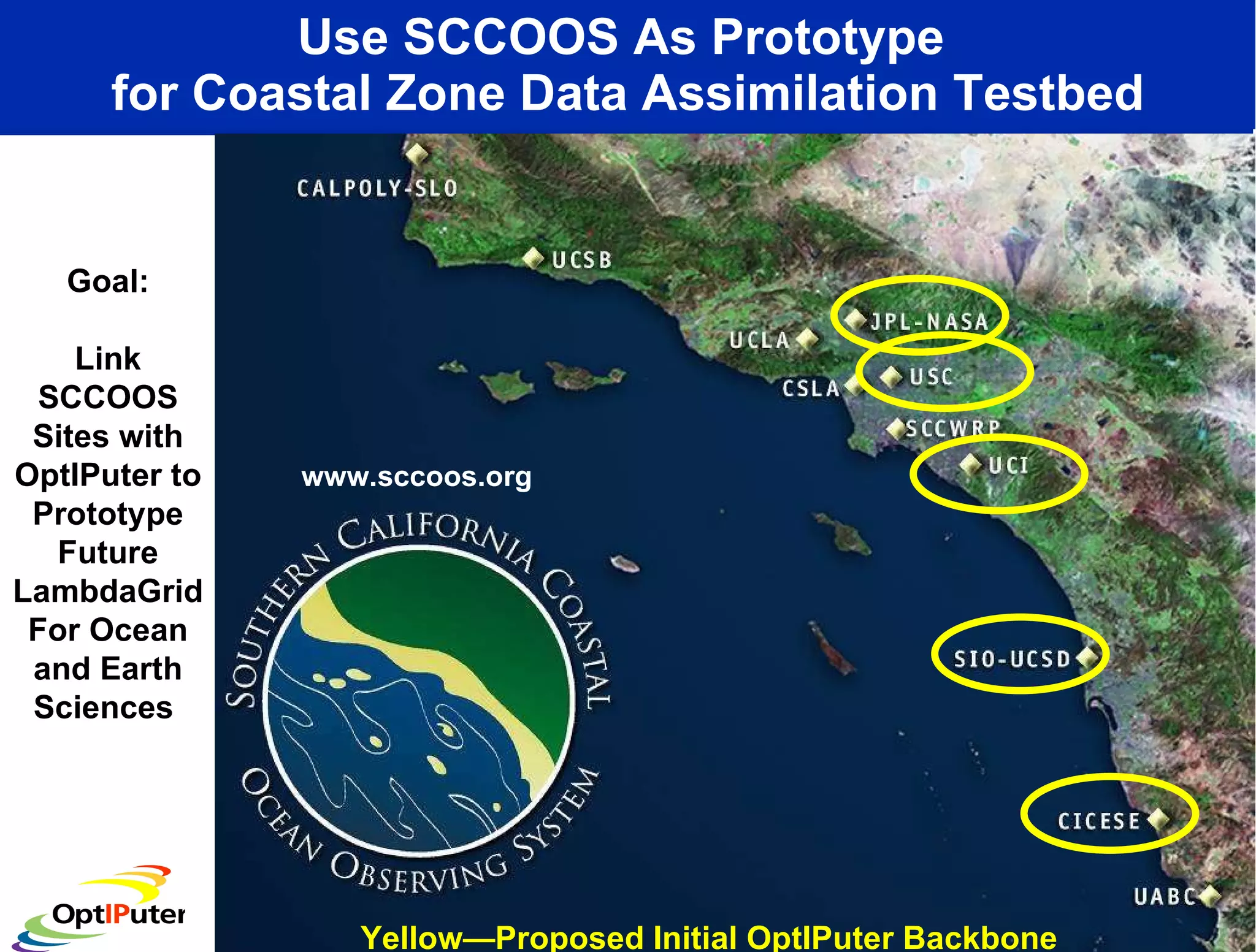 Use SCCOOS As Prototype  for Coastal Zone Data Assimilation Testbed www.sccoos.org Goal: Link SCCOOS Sites with OptIPuter to Prototype Future LambdaGrid For Ocean and Earth Sciences  Yellow—Proposed Initial OptIPuter Backbone 