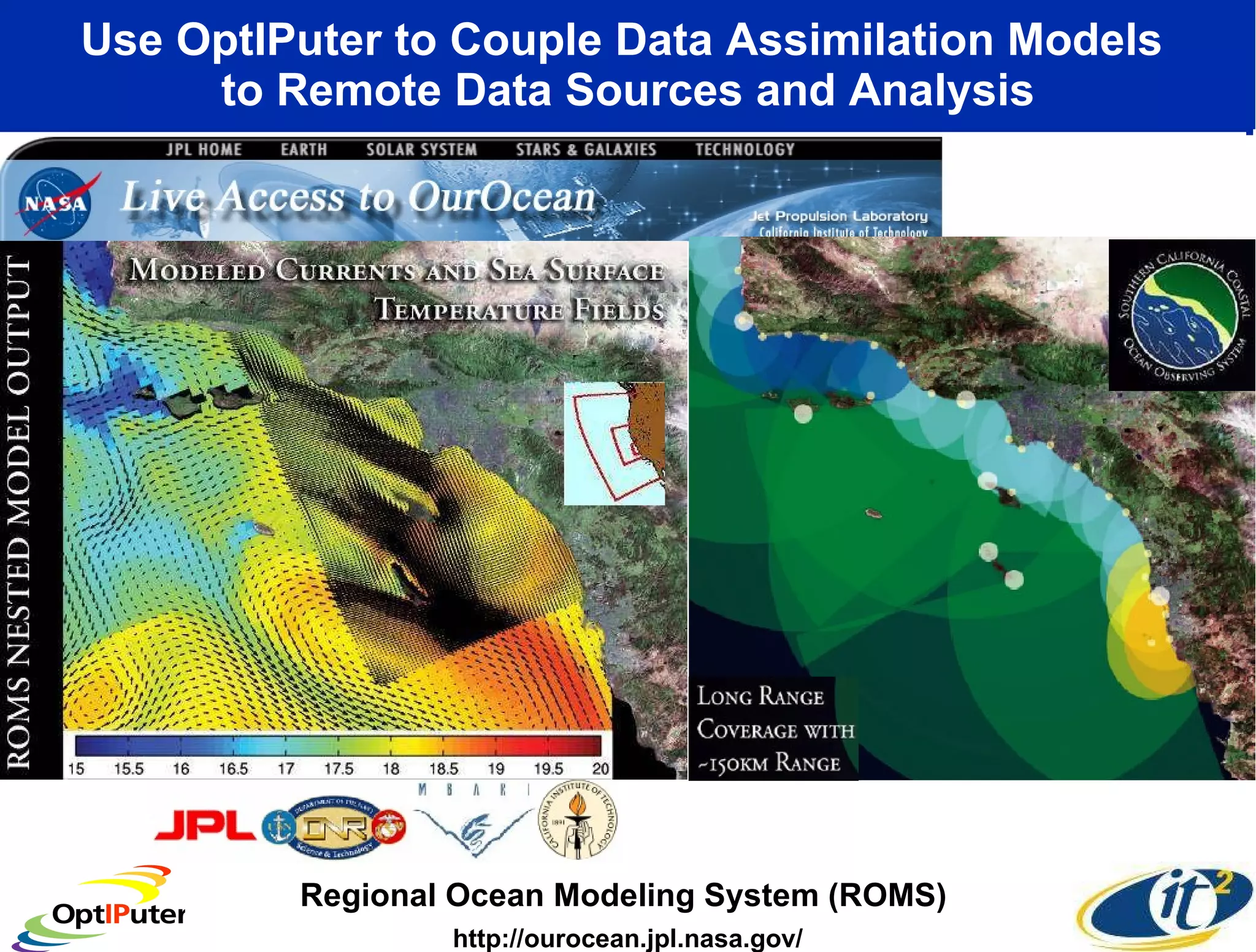 Use OptIPuter to Couple Data Assimilation Models  to Remote Data Sources and Analysis Regional Ocean Modeling System (ROMS)  http://ourocean.jpl.nasa.gov/ 