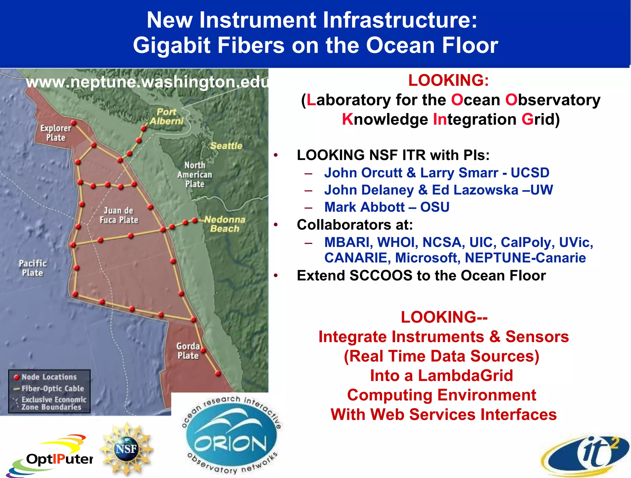 New Instrument Infrastructure:  Gigabit Fibers on the Ocean Floor LOOKING NSF ITR with PIs: John Orcutt & Larry Smarr - UCSD John Delaney & Ed Lazowska –UW Mark Abbott – OSU Collaborators at: MBARI, WHOI, NCSA, UIC, CalPoly, UVic, CANARIE, Microsoft, NEPTUNE-Canarie Extend SCCOOS to the Ocean Floor LOOKING:  ( L aboratory for the  O cean  O bservatory  K nowledge  In tegration  G rid) www.neptune.washington.edu LOOKING-- Integrate Instruments & Sensors (Real Time Data Sources)  Into a LambdaGrid  Computing Environment  With Web Services Interfaces 