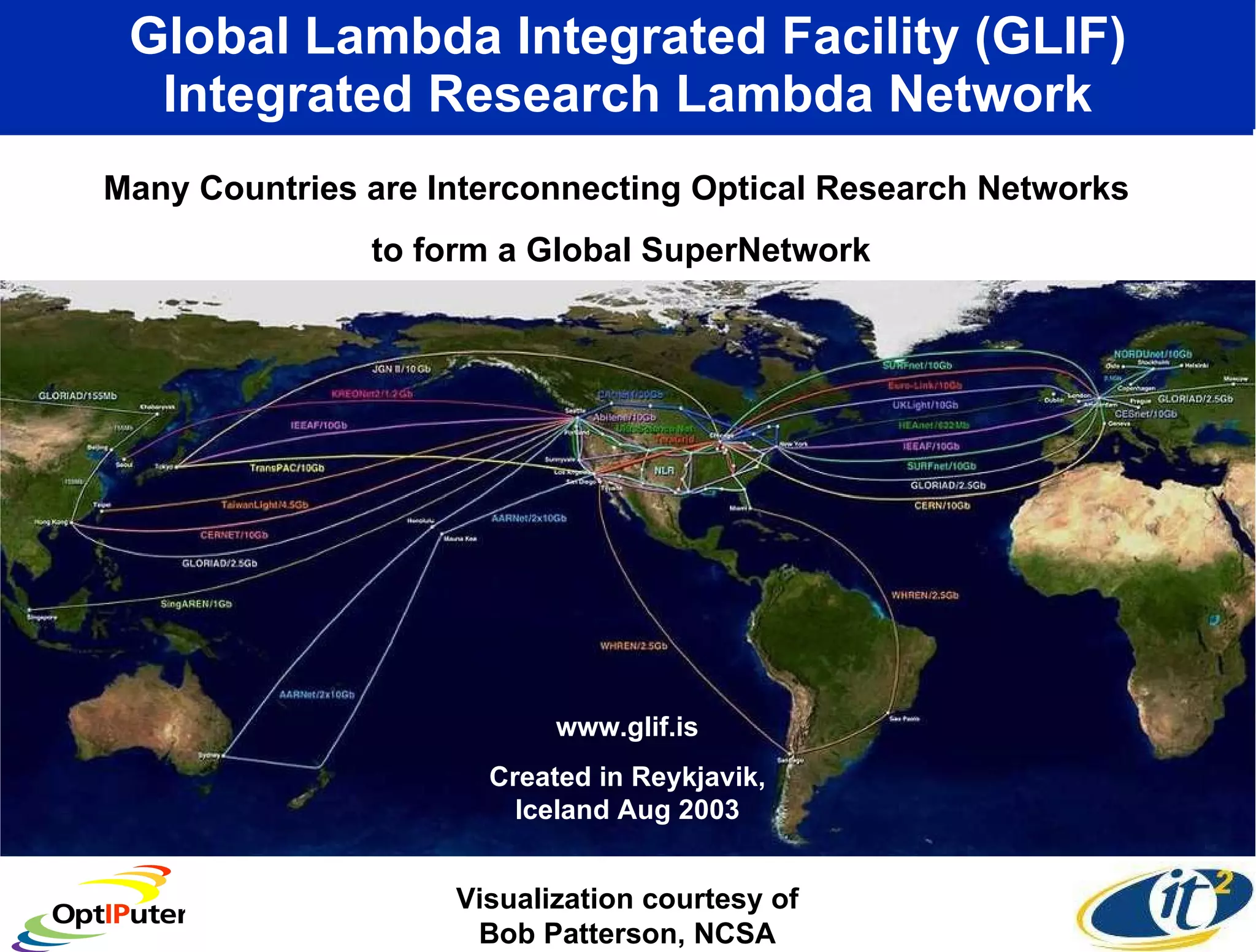Global Lambda Integrated Facility (GLIF) Integrated Research Lambda Network Many Countries are Interconnecting Optical Research Networks  to form a Global SuperNetwork Visualization courtesy of Bob Patterson, NCSA www.glif.is Created in Reykjavik, Iceland Aug 2003 