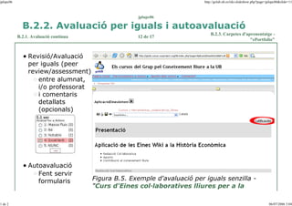 jplupc06

http://gclub.ub.es/tiki-slideshow.php?page=jplupc06&slide=11

jplupc06

B.2.2. Avaluació per iguals i autoavaluació
B.2.1. Avaluació contínua

12 de 17

B.2.3. Carpetes d'aprenentatge "ePortfolio"

Revisió/Avaluació
per iguals (peer
review/assessment)
entre alumnat,
i/o professorat
i comentaris
detallats
(opcionals)

Autoavaluació
Fent servir
formularis

1 de 2

Figura B.5. Exemple d'avaluació per iguals senzilla "Curs d'Eines col—laboratives lliures per a la
06/07/2006 3:04

 