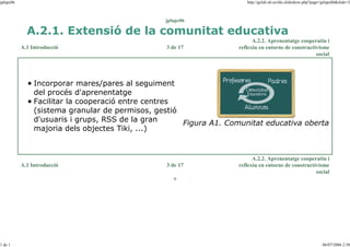 jplupc06

http://gclub.ub.es/tiki-slideshow.php?page=jplupc06&slide=2

jplupc06

A.2.1. Extensió de la comunitat educativa
A.1 Introducció

3 de 17

A.2.2. Aprenentatge cooperatiu i
reflexiu en entorns de constructivisme
social

Incorporar mares/pares al seguiment
del procés d'aprenentatge
Facilitar la cooperació entre centres
(sistema granular de permisos, gestió
d'usuaris i grups, RSS de la gran
Figura A1. Comunitat educativa oberta
majoria dels objectes Tiki, ...)

A.1 Introducció

3 de 17

A.2.2. Aprenentatge cooperatiu i
reflexiu en entorns de constructivisme
social

o

1 de 1

06/07/2006 2:58

 