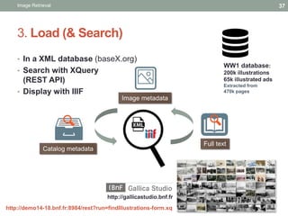 3. Load (& Search)
• In a XML database (baseX.org)
• Search with XQuery
(REST API)
• Display with IIIF
Image metadata
Cata...