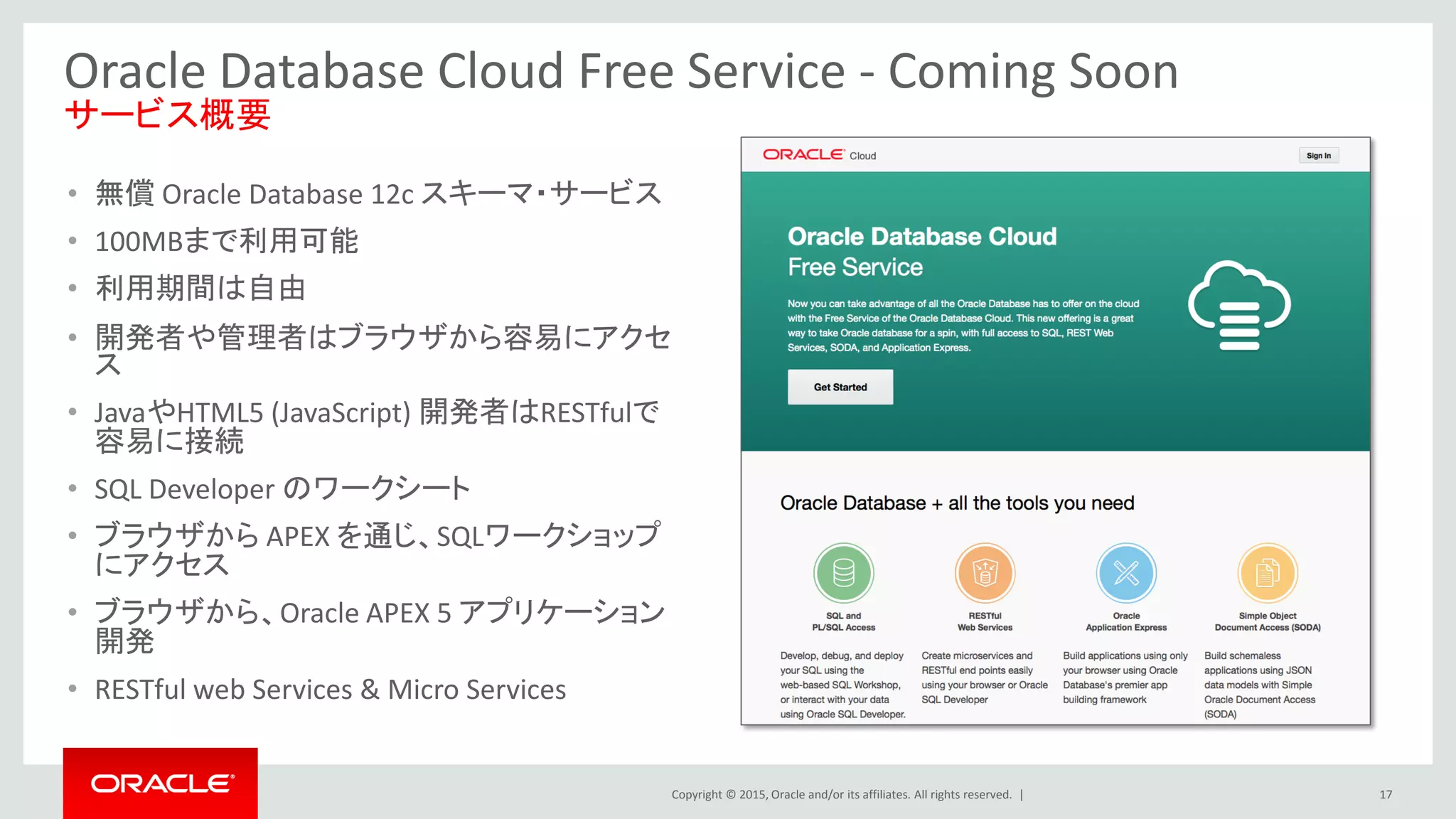 Copyright © 2015, Oracle and/or its affiliates. All rights reserved. | 17
Oracle Database Cloud Free Service - Coming Soon
サービス概要
General
Purpose
• 無償 Oracle Database 12c スキーマ・サービス
• 100MBまで利用可能
• 利用期間は自由
• 開発者や管理者はブラウザから容易にアクセ
ス
• JavaやHTML5 (JavaScript) 開発者はRESTfulで
容易に接続
• SQL Developer のワークシート
• ブラウザから APEX を通じ、SQLワークショップ
にアクセス
• ブラウザから、Oracle APEX 5 アプリケーション
開発
• RESTful web Services & Micro Services
 