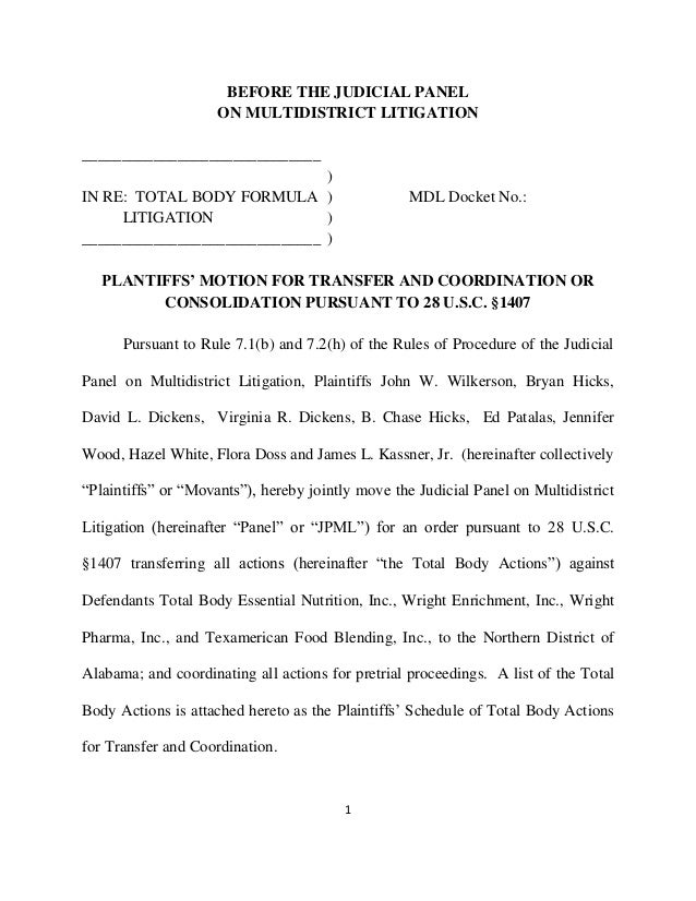 Jpml motion for transfer and consolidation