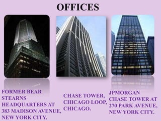 FORMER BEAR
STEARNS
HEADQUARTERS AT
383 MADISON AVENUE,
NEW YORK CITY.
JPMORGAN
CHASE TOWER AT
270 PARK AVENUE,
NEW YORK CITY.
CHASE TOWER,
CHICAGO LOOP,
CHICAGO.
OFFICES
 