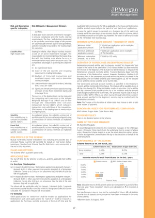 Risk and Description       Risk Mitigants / Management Strategy                        Applicable NAV mentioned in the SID as applicable to Purchase and Redemption
specific to Equities                                                                   shall be applied respectively to the ‘switch-in’ and ‘switch-out’ applications.
                               portfolio.                                              In case the switch request is received on a business day of the switch out
                                                                                       scheme and if the same day is a non business day for switch in scheme, switch
                           A dedicated team oversees investment managers               out will be processed on the same day. However, the switch in will be processed
                           to ensure compliance with the fund's internal               on the immediate next business day.
                           requirements. The buy / sell decisions generated
                           at the portfolio construction stage of the process          MINIMUM APPLICATION AMOUNT / NUMBER OF UNITS
                           are automatically checked against fund guidelines,
                           and electronically forwarded to the trading team             Minimum initial                 R 10,000 per application and in multiples
                           for execution.                                               application amount              of R 1 thereafter.
Liquidity Risk             Dealing in volatile, often illiquid markets imposes          Minimum additional              R 1,000 per application and in multiples
High impact costs          a cost on an active investment manager. The                  application amount              of R 1 thereafter.
                           responsibility for minimizing the performance drag           Minimum redemption              R 1,000 or 100 units.
                           lies with the Dealing team whose focus is to                 amount / no. of Units
                           minimize market impact and transaction costs. The
                           competitive advantages in achieving this objective          DESPATCH OF REPURCHASE (REDEMPTION) REQUEST
                           are:                                                        Redemption proceeds will be paid by cheques, marked "A/c Payee only" and
                           (i) An experienced team.                                    drawn in the name of the sole holder / first-named holder (as determined by
                                                                                       the records of the Registrar). The Mutual Fund will endeavour to despatch the
                           (ii) State of the art systems and on-going
                                                                                       Redemption proceeds normally within 7 (seven) Business Days from the
                                 investment in trading technology.
                                                                                       acceptance of the Redemption request. However Regulatory timeline is 10
                           (iii) Analysis of historical transactions and               Business Days. If the payment is not made within the period stipulated in the
                                 associated impact costs used to determine             Regulations, the Unit Holder shall be paid interest @15% p.a. for the delayed
                                 trading strategies.                                   period and the interest shall be borne by the AMC.
                           (iv) Low commission rates paid to brokers, reducing         The bank name and bank account number, as specified in the Registrar's
                                 direct costs per trade.                               records, will be mentioned in the cheque. The cheque will be payable at par at
                           (v) Significant overall commission payout ensuring          all the cities having ISCs. If the Unit Holder resides in any other city, he will be
                                 premium service from investment banks and             paid by a demand draft payable at the city of his residence and the demand
                                 brokerage firms.                                      draft charges shall be borne by the AMC. The proceeds may be paid by way of
                                                                                       direct credit / NEFT / RTGS / any other manner through which the investor's
                           The success of the dealing team can be measured
                                                                                       bank account specified in the Registrar's records may be credited with the
                           by comparing each execution to the Volume
                                                                                       Redemption proceeds.
                           Weighted Average Price (VWAP) and on-line
                           through the independent Best Execution                      Note: The Trustee, at its discretion at a later date, may choose to alter or add
                           Comparison Service (BECS) which compares                    other modes of payment.
                           transaction costs with those of the competition.
                           Effectiveness of the dealing team is measured on            BENCHMARK INDEX FOR PERFORMANCE COMPARISON
                           an ongoing basis.                                           MSCI Golden Dragon Index (Total Return Net)
Volatility                 As explained above, the volatility arising out of           DIVIDEND POLICY
Price volatility due to    portfolio specific factors are being mitigated using        There is no dividend option in the Scheme.
company or portfolio       a combination of various methods as explained
specific factors           above.                                                      NAME OF THE FUND MANAGER
Event Risk                 As explained above, the volatility arising out of           Mr. Namdev Chougule.
Price volatility due to    portfolio specific factors are being mitigated using        JF Asset Management Limited is the investment manager of the JPMorgan
company or portfolio       a combination of various methods as explained               Funds - JF Greater China Equity Fund, the underlying fund in respect of whose
specific events            above.                                                      units / shares the Scheme invests in as per the asset allocation pattern above.
                                                                                       JF Asset Management Limited makes the day to day decisions on behalf of the
RISK PROFILE OF THE SCHEME                                                             underlying fund.
Mutual Fund Units involve investment risks including the possible loss of
principal. Please read the SID carefully for details on risk factors before
                                                                                       PERFORMANCE OF THE SCHEME
investment. Standard and Scheme Specific Risk Factors are summarized at                Scheme Returns as on 31st March, 2011
the end of this document.                                                                                    Scheme returns (%) MSCI Golden Dragon Index (%)
PLANS AND OPTIONS                                                                        Since inception             11.69%                          8.22%
The Scheme offers a growth option only.                                                  1 year                      15.14%                         11.13%
APPLICABLE NAV                                                                                Absolute returns for each financial year for the last 2 years
The Cut-off time for the Scheme is 3.00 p.m., and the Applicable NAV will be
as under:                                                                                                        Scheme returns          MSCI Golden Dragon Index
For Purchase / Redemption                                                                                                                         15.14%
                                                                                           15.00% –
(a) In respect of valid Purchase / Redemption applications along with cheques /            12.00% –                                                        11.13%
     demand drafts / other payment instruments accepted at a Designated                     9.00% –
     Collection Centre up to 3.00 p.m. on a Business Day, the NAV of such day               6.00% –             *3.62% *3.62%
     will be applicable.                                                                    3.00% –
(b) In respect of valid Purchase / Redemption applications along with cheques /             0.00% –
     demand drafts / other payment instruments accepted at a Designated                                          2009-10                           2010-11
     Collection Centre after 3.00 p.m. on a Business Day, the NAV of the next                                                   Financial Years
     Business Day will be applicable.
                                                                                       Note: Absolute returns of the growth option are computed for a period of less
The above will be applicable only for cheques / demand drafts / payment                than one year. "Since inception" returns are calculated on R 10 invested at
instruments payable locally in the city in which a Designated Collection Centre        inception.
is located. No outstation cheques will be accepted.
                                                                                       Past performance may or may not be sustained in future. All calculations
For Switches                                                                           assume that all payouts during the period have been re-invested in the units
Valid applications for ‘switch-out’ shall be treated as applications for               of the scheme.
Redemption and valid applications for ‘switch-in’ shall be treated as                  *Allotment date: 26 August, 2009
applications for Purchase, and the provisions of the Cut-off time and the


                                                                                  17
 