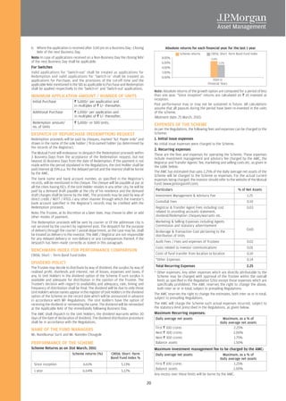 b. Where the application is received after 3.00 pm on a Business Day - Closing                     Absolute returns for each financial year for the last 1 year
    NAV of the next Business Day.                                                                             Scheme returns        CRISIL Short -Term Bond Fund Index
Note: In case of applications received on a Non-Business Day the closing NAV                     8.00% –                            6.64%
of the next Business Day shall be applicable.                                                    6.00% –                                    5.12%
For Switches                                                                                     4.00% –
Valid applications for ‘Switch-out’ shall be treated as applications for                         2.00% –
Redemption and valid applications for ‘Switch-in’ shall be treated as                            0.00% –
applications for Purchase, and the provisions of the cut-off time and the                                                             2010-11
applicable NAV mentioned in the SID as applicable to Purchase and Redemption                                                      Financial Years
shall be applied respectively to the ‘Switch-in’ and ‘Switch-out’ applications.
                                                                                            Note: Absolute returns of the growth option are computed for a period of less
MINIMUM APPLICATION AMOUNT / NUMBER OF UNITS                                                than one year. "Since inception" returns are calculated on R 10 invested at
                                                                                            inception.
 Initial Purchase               R 5,000/- per application and
                                in multiples of R 1/- thereafter.                           Past performance may or may not be sustained in future. All calculations
                                                                                            assume that all payouts during the period have been re-invested in the units
 Additional Purchase            R 1,000/- per application and                               of the scheme.
                                in multiples of R 1/- thereafter.                           Allotment date: 25 March, 2010.
 Redemption amount/             R 5,000/- or 500 Units.
 no. of Units
                                                                                            EXPENSES OF THE SCHEME
                                                                                            As per the Regulations, the following fees and expenses can be charged to the
DESPATCH OF REPURCHASE (REDEMPTION) REQUEST                                                 Scheme:
Redemption proceeds will be paid by cheques, marked “A/c Payee only” and                    1. Initial issue expenses
drawn in the name of the sole holder / first-named holder (as determined by                 No initial issue expenses were charged to the Scheme.
the records of the Registrar).
                                                                                            2. Recurring expenses
The Mutual Fund will endeavour to despatch the Redemption proceeds within                   These are the fees and expenses for operating the Scheme. These expenses
3 Business Days from the acceptance of the Redemption request, but not                      include investment management and advisory fee charged by the AMC, the
beyond 10 Business Days from the date of Redemption. If the payment is not                  Registrar and Transfer Agents’ fee, marketing and selling costs etc. as given in
made within the period stipulated in the Regulations, the Unit Holder shall be              the table below:
paid interest @ 15% p.a. for the delayed period and the interest shall be borne
by the AMC.                                                                                 The AMC has estimated that upto 2.25% of the daily average net assets of the
                                                                                            Scheme will be charged to the Scheme as expenses. For the actual current
The bank name and bank account number, as specified in the Registrar’s                      expenses being charged, the investor should refer to the website of the Mutual
records, will be mentioned in the cheque. The cheque will be payable at par at              Fund (www.jpmorganmf.com).
all the cities having ISCs. If the Unit Holder resides in any other city, he will be
paid by a demand draft payable at the city of his residence and the demand                  Particulars                                                 % of Net Assets
draft charges shall be borne by the AMC. The proceeds may be paid by way of                 Investment Management & Advisory Fee                              1.25
direct credit / NEFT / RTGS / any other manner through which the investor’s
bank account specified in the Registrar’s records may be credited with the                  Custodial Fees                                                    0.10
Redemption proceeds.                                                                        Registrar & Transfer Agent Fees including cost                    0.03
Note: The Trustee, at its discretion at a later date, may choose to alter or add            related to providing accounts statement,
other modes of payment.                                                                     dividend/Redemption cheques/warrants etc.
The Redemption proceeds will be sent by courier or (if the addressee city is                Marketing & Selling Expenses including Agents
not serviced by the courier) by registered post. The despatch for the purpose               Commission and statutory advertisement
of delivery through the courier / postal department, as the case may be, shall                                                                                0.60
                                                                                            Brokerage & Transaction Cost pertaining to the
be treated as delivery to the investor. The AMC / Registrar are not responsible             distribution of Units
for any delayed delivery or non-delivery or any consequences thereof, if the
despatch has been made correctly as stated in this paragraph.                               Audit Fees / Fees and expenses of Trustees                        0.02
                                                                                            Costs related to investor communications                          0.01
BENCHMARK INDEX FOR PERFORMANCE COMPARISON
CRISIL Short – Term Bond Fund Index                                                         Costs of fund transfer from location to location                  0.10
                                                                                            *Other Expenses                                                   0.14
DIVIDEND POLICY
The Trustee may decide to distribute by way of dividend, the surplus by way of              Total Recurring Expenses                                          2.25
realised profit, dividends and interest, net of losses, expenses and taxes, if              * Other expenses: Any other expenses which are directly attributable to the
any, to Unit Holders in the dividend option of the Scheme if such surplus is                  Scheme may be charged with approval of the Trustee within the overall
available and adequate for distribution in the opinion of the Trustee. The                    limits as specified in the Regulation 52(6) except those expenses which are
Trustee’s decision with regard to availability and adequacy, rate, timing and                 specifically prohibited. The AMC reserves the right to change the above,
frequency of distribution shall be final. The dividend will be due to only those              both inter se or in total, subject to prevailing Regulations.
Unit Holders whose names appear in the register of Unit Holders in the dividend             The AMC reserves the right to change the estimates, both inter se or in total,
option of the Scheme on the record date which will be announced in advance                  subject to prevailing Regulations.
in accordance with MF Regulations. The Unit Holders have the option of
receiving the dividend or reinvesting the same. The dividend will be reinvested             The AMC will charge the Scheme such actual expenses incurred, subject to
at the Applicable NAV of the immediately following Business Day.                            the statutory limit prescribed in the Regulations, as given below.
The AMC shall dispatch to the Unit Holders, the dividend warrants within 30                 Maximum Recurring expenses:
days of the date of declaration of dividend. The dividend distribution procedure            Daily average net assets                           Maximum, as a % of
shall be in accordance with the Regulations.                                                                                                 daily average net assets
                                                                                            First R 100 crores                                        2.25%
NAME OF THE FUND MANAGERS
                                                                                            Next R 300 crores                                         2.00%
Mr. Nandkumar Surti and Mr. Namdev Chougule
                                                                                            Next R 300 crores                                         1.75%
PERFORMANCE OF THE SCHEME                                                                   Balance assets                                            1.50%
Scheme Returns as on 31st March, 2011                                                       Maximum investment management fee to be charged by the AMC:
                              Scheme returns (%)           CRISIL Short -Term               Daily average net assets                       Maximum, as a % of
                                                           Bond Fund Index %                                                             daily average net assets
  Since inception                     6.61%                         5.13%                    First R 100 crores                                   1.25%
                                                                                             Balance assets                                       1.00%
  1 year                              6.64%                         5.12%
                                                                                            Any excess over these limits will be borne by the AMC.

                                                                                       20
 