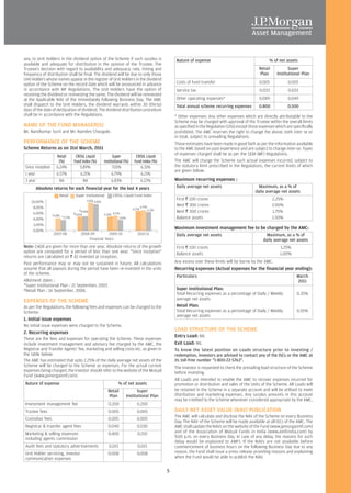 any, to Unit Holders in the dividend option of the Scheme if such surplus is                                   Nature of expense                                     % of net assets
available and adequate for distribution in the opinion of the Trustee. The
Trustee’s decision with regard to availability and adequacy, rate, timing and                                                                                  Retail           Super
frequency of distribution shall be final. The dividend will be due to only those                                                                               Plan       Institutional Plan
Unit Holders whose names appear in the register of Unit Holders in the dividend
option of the Scheme on the record date which will be announced in advance                                     Costs of fund transfer                          0.005            0.005
in accordance with MF Regulations. The Unit Holders have the option of                                         Service tax                                     0.033            0.033
receiving the dividend or reinvesting the same. The dividend will be reinvested
at the Applicable NAV of the immediately following Business Day. The AMC                                       Other operating expenses*                       0.089            0.049
shall dispatch to the Unit Holders, the dividend warrants within 30 (thirty)                                   Total annual scheme recurring expenses          0.800            0.500
days of the date of declaration of dividend. The dividend distribution procedure
shall be in accordance with the Regulations.                                                                  * Other expenses: Any other expenses which are directly attributable to the
                                                                                                              Scheme may be charged with approval of the Trustee within the overall limits
NAME OF THE FUND MANAGER(S)                                                                                   as specified in the Regulation 52(6) except those expenses which are specifically
Mr. Nandkumar Surti and Mr. Namdev Chougule.                                                                  prohibited. The AMC reserves the right to change the above, both inter se or
                                                                                                              in total, subject to prevailing Regulations.
PERFORMANCE OF THE SCHEME                                                                                     These estimates have been made in good faith as per the information available
Scheme Returns as on 31st March, 2011                                                                         to the AMC based on past experience and are subject to change inter-se. Types
                                                                                                              of expenses charged shall be as per the SEBI (MF) Regulations.
                     Retail          CRISIL Liquid                Super             CRISIL Liquid
                      (%)           Fund Index (%)          Institutional (%)      Fund Index (%)             The AMC will charge the Scheme such actual expenses incurred, subject to
Since inception      6.24%              5.89%                     7.01%                6.31%                  the statutory limit prescribed in the Regulations, the current limits of which
                                                                                                              are given below:
1 year               6.57%              6.21%                    6.79%                 6.21%
3 year                 NA                 NA                     6.83%                 6.22%                  Maximum recurring expenses :
       Absolute returns for each financial year for the last 4 years                                           Daily average net assets                        Maximum, as a % of
                                                                                                                                                             daily average net assets
                       Retail        Super Institutional          CRISIL Liquid Fund Index
                                              9.18% 8.81%                                                      First R 100 crores                                       2.25%
    10.00% –
     8.00% –                                                                              6.79%                Next R 300 crores                                        2.00%
                                         #4.98%                                   6.57%           6.21%
     6.00% –                                                                                                   Next R 300 crores                                        1.75%
                  *4.18%
                                    #4.83%                  4.36% 4.57%
     4.00% –               *3.53%                                      3.69%                                   Balance assets                                           1.50%
     2.00% –
     0.00% –
                                                                                                              Maximum investment management fee to be charged by the AMC:
                   2007-08               2008-09         2009-10                     2010-11                   Daily average net assets                             Maximum, as a % of
                                             Financial Years                                                                                                      daily average net assets
Note: CAGR are given for more than one year. Absolute returns of the growth                                    First R 100 crores                                          1.25%
option are computed for a period of less than one year. "Since inception"                                      Balance assets                                              1.00%
returns are calculated on R 10 invested at inception.
Past performance may or may not be sustained in future. All calculations                                      Any excess over these limits will be borne by the AMC.
assume that all payouts during the period have been re-invested in the units                                  Recurring expenses (Actual expenses for the financial year ending):
of the scheme.
                                                                                                               Particulars                                                           March
Allotment dates :                                                                                                                                                                    2011
*Super Institutional Plan : 21 September, 2007.
#Retail Plan : 16 September, 2008.                                                                             Super Institutional Plan:
                                                                                                               Total Recurring expenses as a percentage of Daily / Weekly            0.35%
EXPENSES OF THE SCHEME                                                                                         average net assets
As per the Regulations, the following fees and expenses can be charged to the                                  Retail Plan:
Scheme:                                                                                                        Total Recurring expenses as a percentage of Daily / Weekly            0.55%
                                                                                                               average net assets
1. Initial issue expenses
No initial issue expenses were charged to the Scheme.
2. Recurring expenses
                                                                                                              LOAD STRUCTURE OF THE SCHEME
                                                                                                              Entry Load: NIL
These are the fees and expenses for operating the Scheme. These expenses
include investment management and advisory fee charged by the AMC, the                                        Exit Load: NIL
Registrar and Transfer Agents’ fee, marketing and selling costs etc. as given in                              To know the latest position on Loads structure prior to investing /
the table below:                                                                                              redemption, investors are advised to contact any of the ISCs or the AMC at
The AMC has estimated that upto 2.25% of the daily average net assets of the                                  its toll-free number "1-800-22-5763".
Scheme will be charged to the Scheme as expenses. For the actual current                                      The investor is requested to check the prevailing load structure of the Scheme
expenses being charged, the investor should refer to the website of the Mutual                                before investing.
Fund (www.jpmorganmf.com).
                                                                                                              All Loads are intended to enable the AMC to recover expenses incurred for
Nature of expense                                                     % of net assets                         promotion or distribution and sales of the Units of the Scheme. All Loads will
                                                              Retail                 Super                    be retained in the Scheme in a separate account and will be utilised to meet
                                                               Plan            Institutional Plan             distribution and marketing expenses. Any surplus amounts in this account
                                                                                                              may be credited to the Scheme whenever considered appropriate by the AMC.
Investment management fee                                      0.200                 0.200
Trustee fees                                                  0.005                  0.005                    DAILY NET ASSET VALUE (NAV) PUBLICATION
                                                                                                              The AMC will calculate and disclose the NAV of the Scheme on every Business
Custodian fees                                                0.005                  0.005
                                                                                                              Day. The NAV of the Scheme will be made available at all ISCs of the AMC. The
Registrar & transfer agent fees                               0.040                  0.030                    AMC shall update the NAVs on the website of the Fund (www.jpmorganmf.com)
Marketing & selling expenses                                  0.400                  0.150                    and of the Association of Mutual Funds in India (www.amfiindia.com) by
including agents commission                                                                                   9.00 p.m. on every Business Day. In case of any delay, the reasons for such
                                                                                                              delay would be explained to AMFI. If the NAVs are not available before
Audit fees and statutory advertisements                        0.015                 0.015                    commencement of business hours on the following Business Day due to any
Unit Holder servicing, investor                               0.008                  0.008                    reason, the Fund shall issue a press release providing reasons and explaining
communication expenses                                                                                        when the Fund would be able to publish the NAV.


                                                                                                          5
 