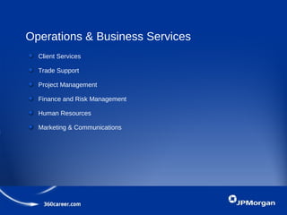 Operations & Business Services
Client Services
Trade Support
Project Management
Finance and Risk Management
Human Resources
Marketing & Communications
 